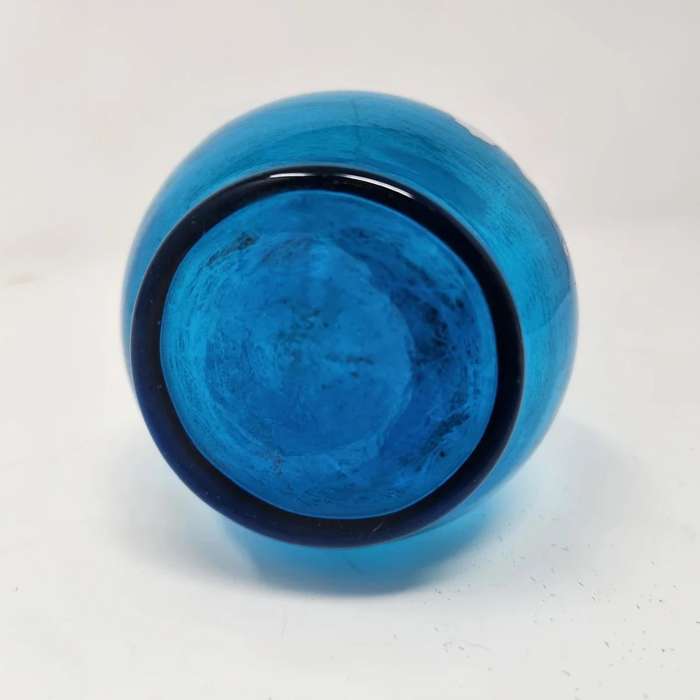 Vintage Small Dainty Blue Turquoise Glass Vase Vases Bulbous Hand Painted 7-5/8
